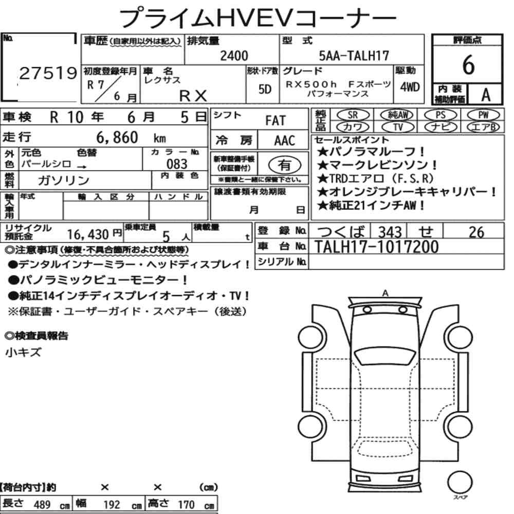 Arkusz aukcyjny — 2025 Lexus RX 4WD RX500H F Sport Performance