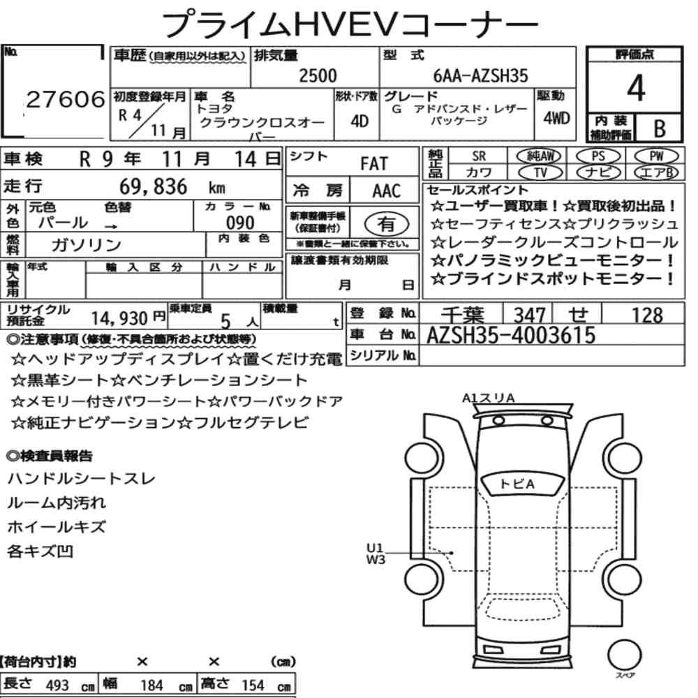 Arkusz aukcyjny — 2022 Toyota Crown Crossover 4WD G Advanced･leather Package