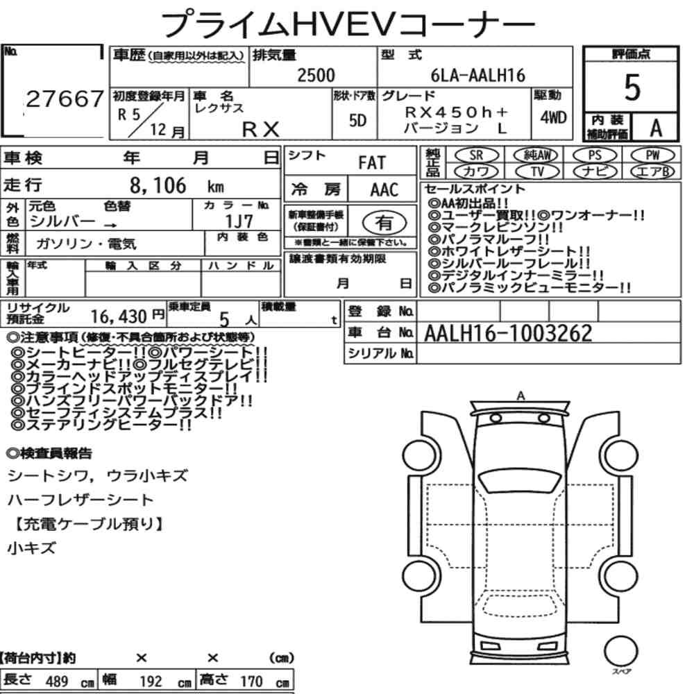 Arkusz aukcyjny — 2023 Lexus RX 4WD RX450H+ Version L