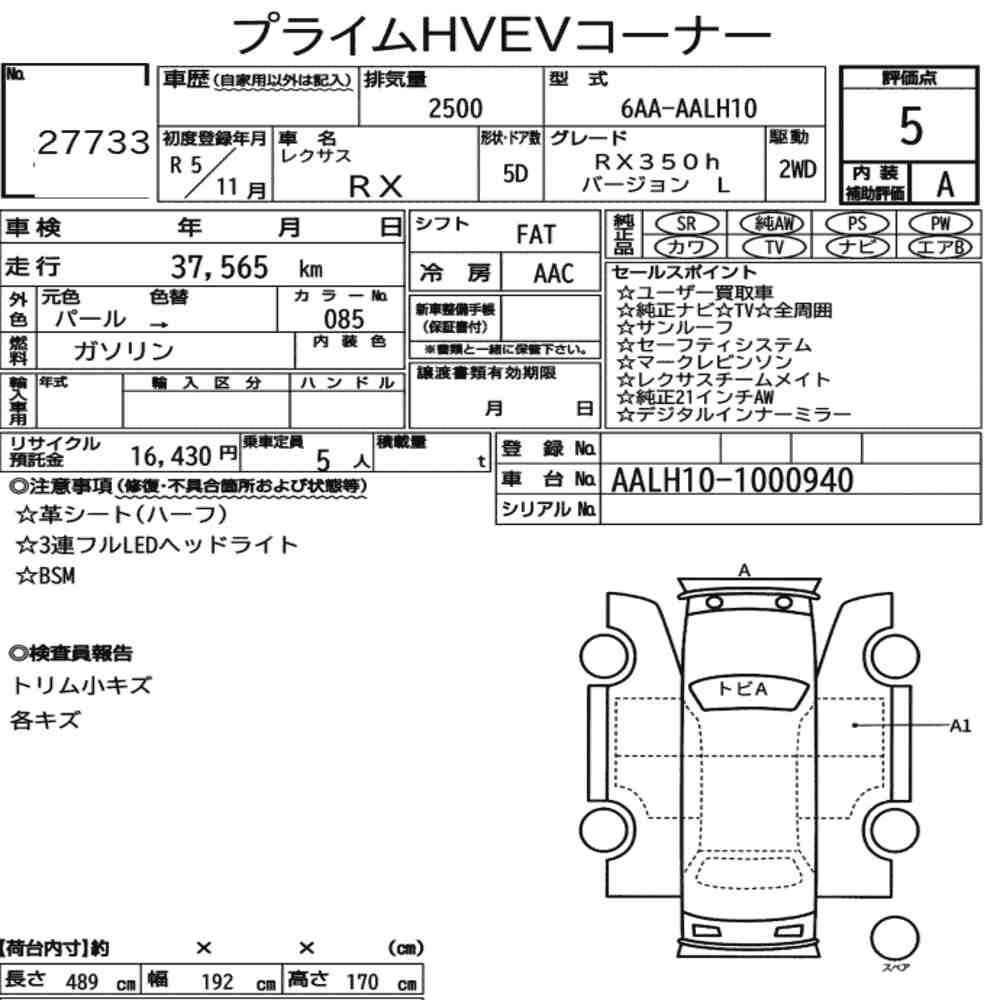 Arkusz aukcyjny — 2023 Lexus RX RX350H Version L