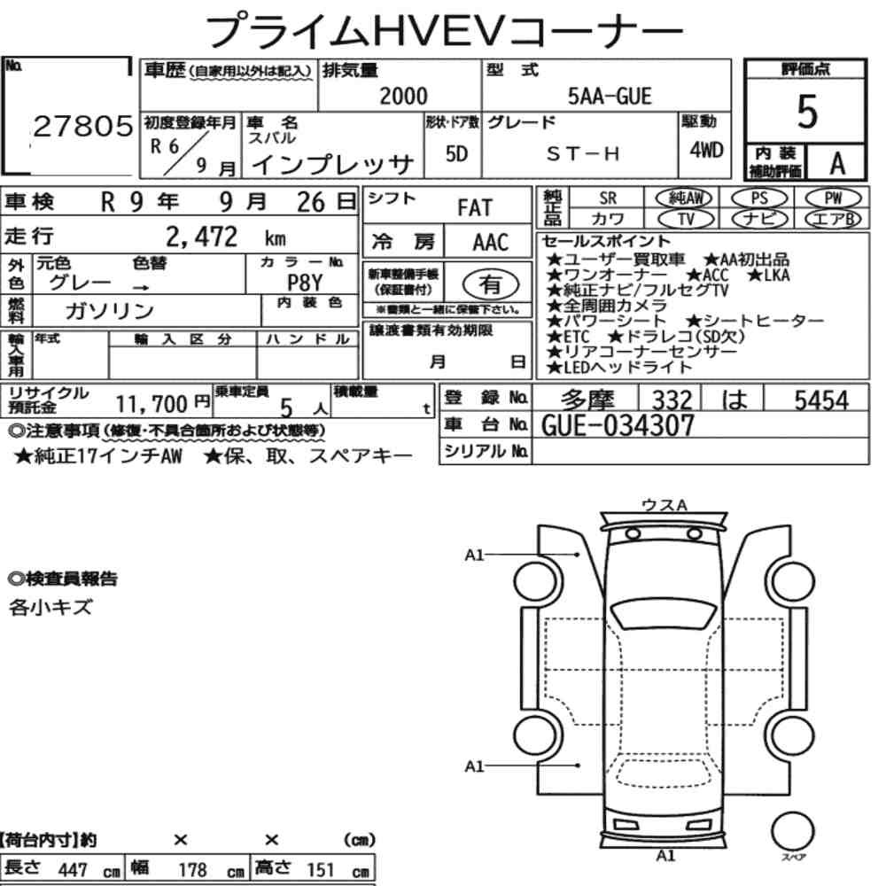 Arkusz aukcyjny — 2024 Subaru Impreza 5D 4WD ST-H