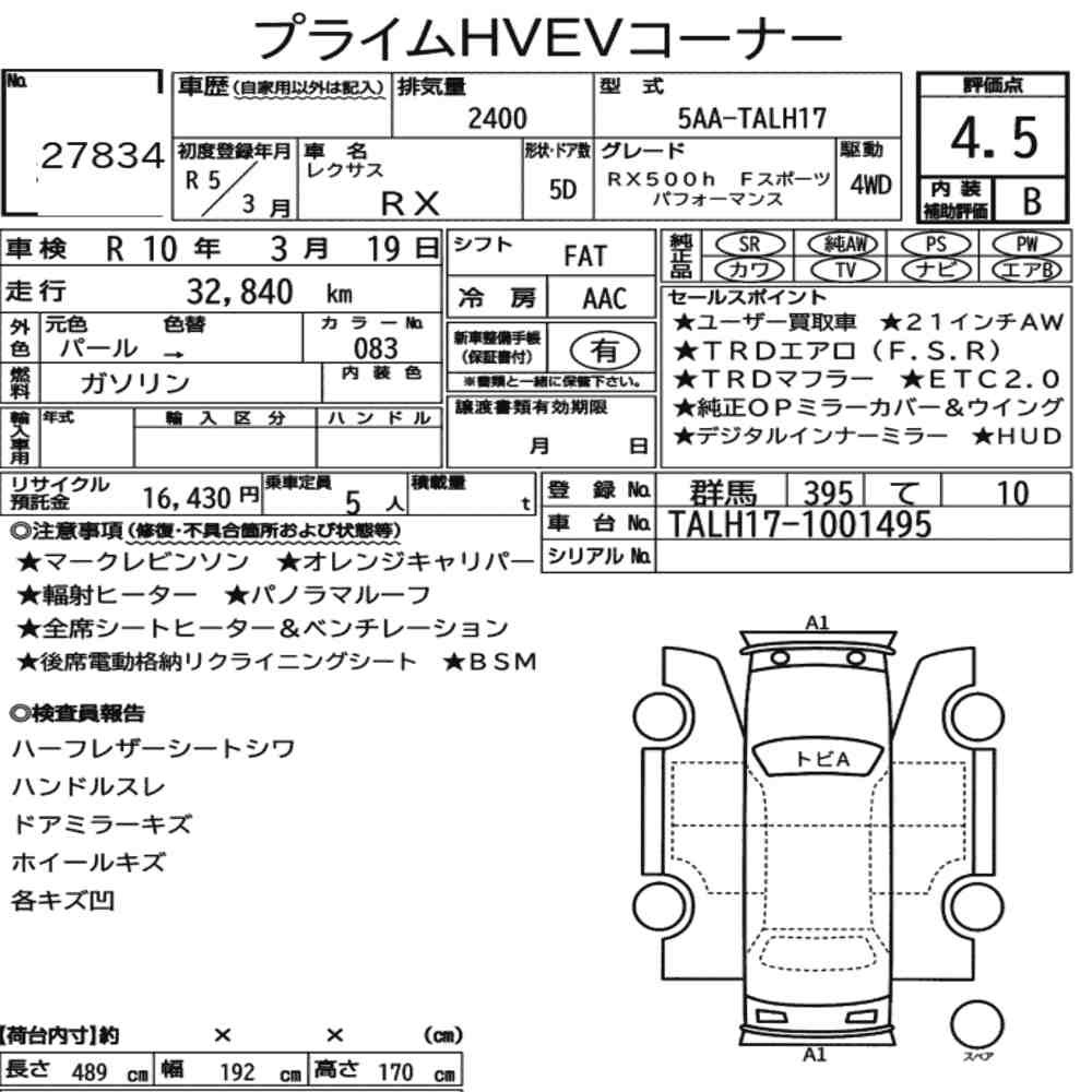 Arkusz aukcyjny — 2023 Lexus RX 4WD RX500H F Sport Performance