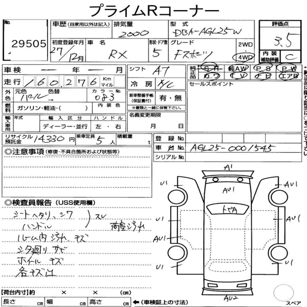 Arkusz aukcyjny — 2015 Lexus RX 4WD