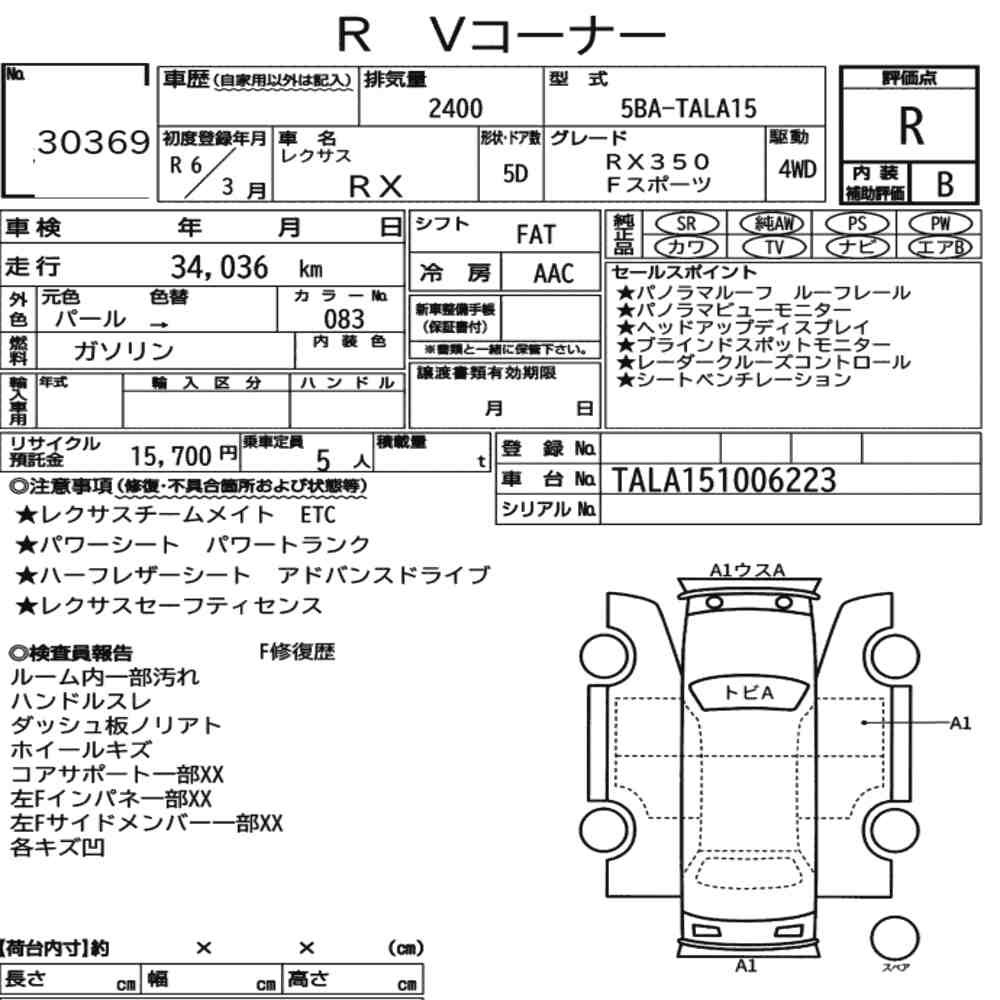 Arkusz aukcyjny — 2024 Lexus RX 4WD F Sport