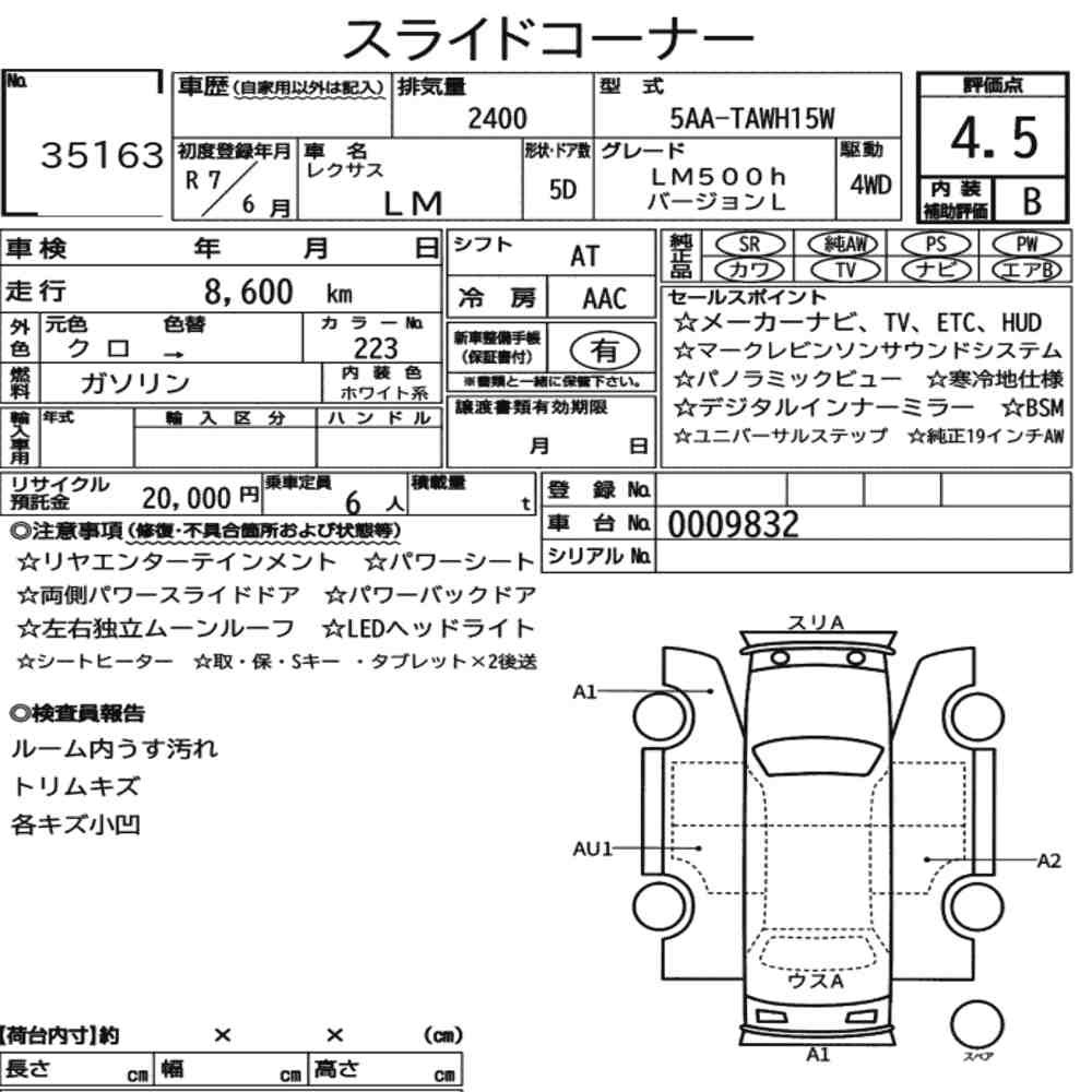 Arkusz aukcyjny — 2025 Lexus LM 4WD LM500H Version L