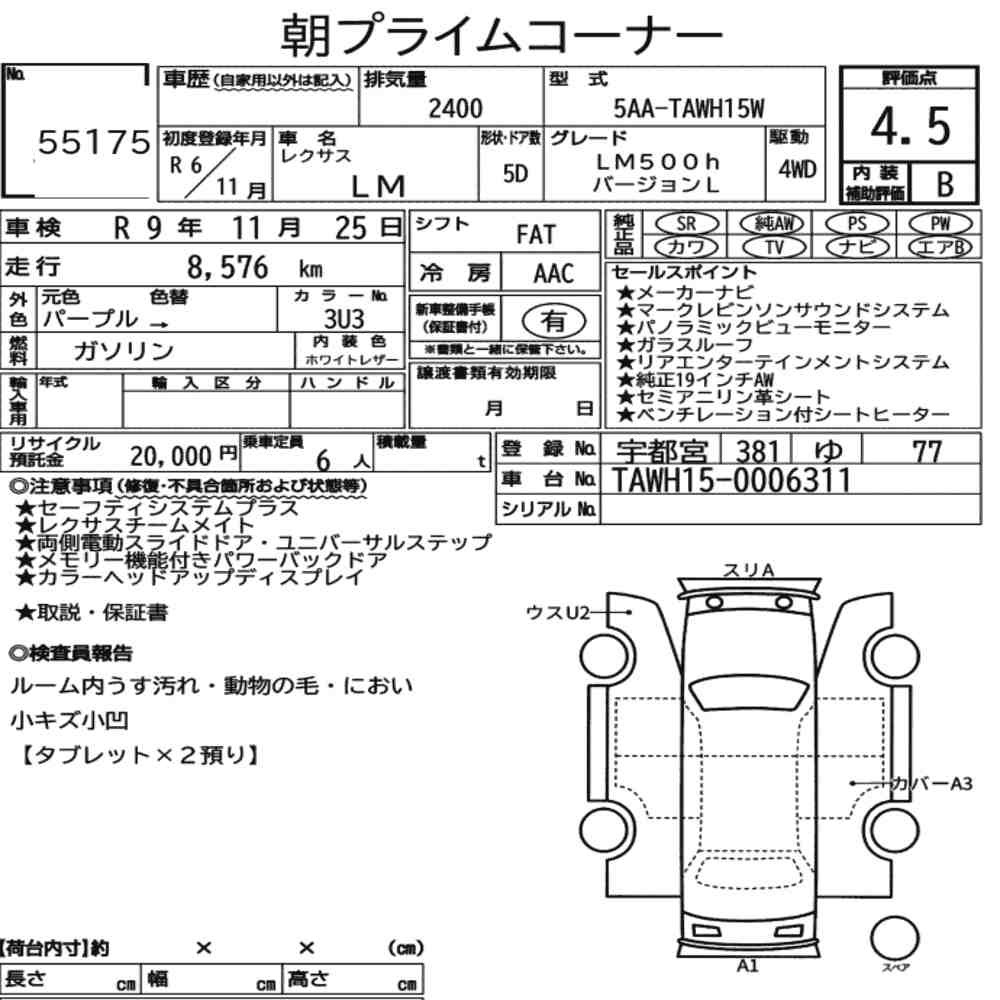Arkusz aukcyjny — 2024 Lexus LM 4WD LM500H Version L