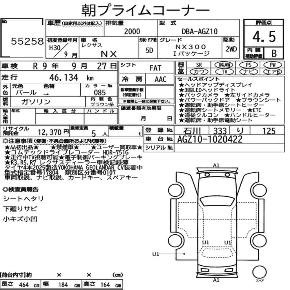 Arkusz aukcyjny — 2018 Lexus NX NX300 I Package