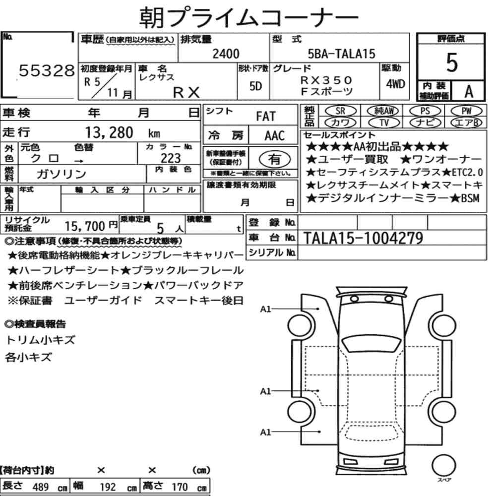 Arkusz aukcyjny — 2023 Lexus RX 4WD F Sport