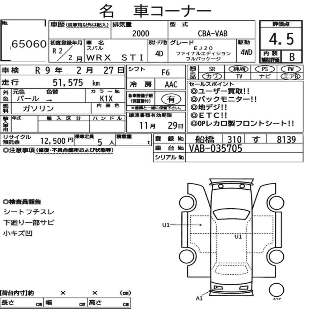 Arkusz aukcyjny — 2020 Subaru WRX STI 4WD EJ20 Final Edition Full Package