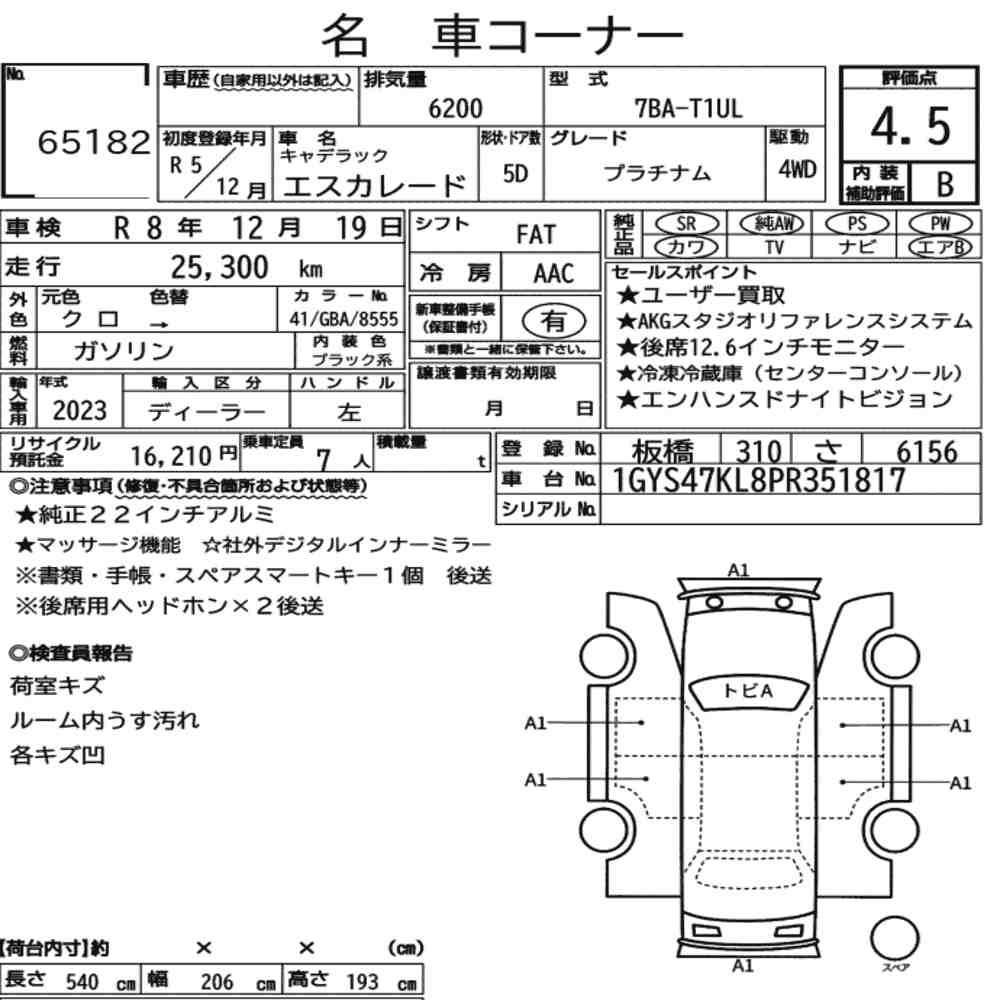 Arkusz aukcyjny — 2023 Cadillac Escalade 4WD Platinum