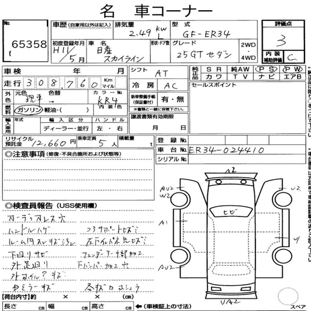 Arkusz aukcyjny — 1999 Nissan Skyline 4D 25GT