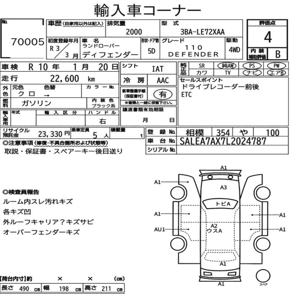 Arkusz aukcyjny — 2021 Land Rover Defender 5D 4WD 110 Defender