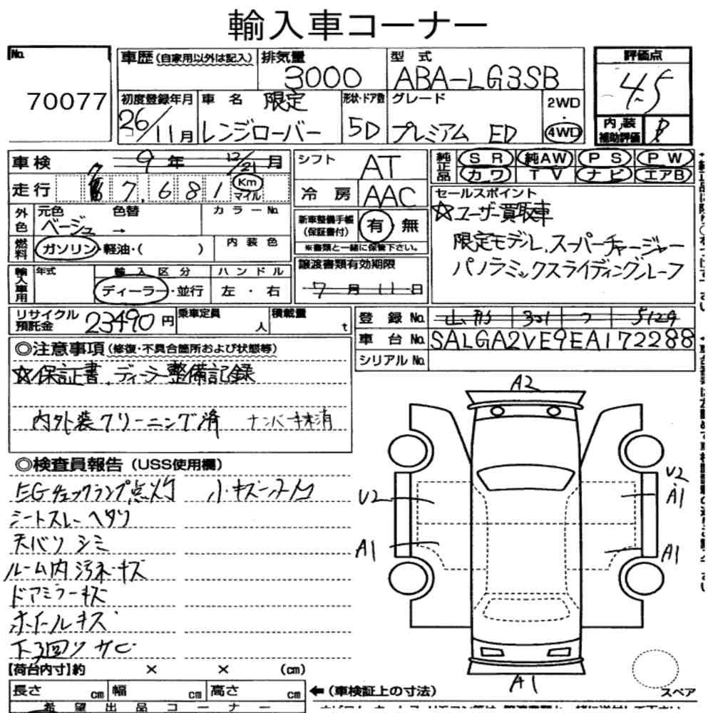 Arkusz aukcyjny — 2014 Land Rover Range Rover 4WD Premium Edition