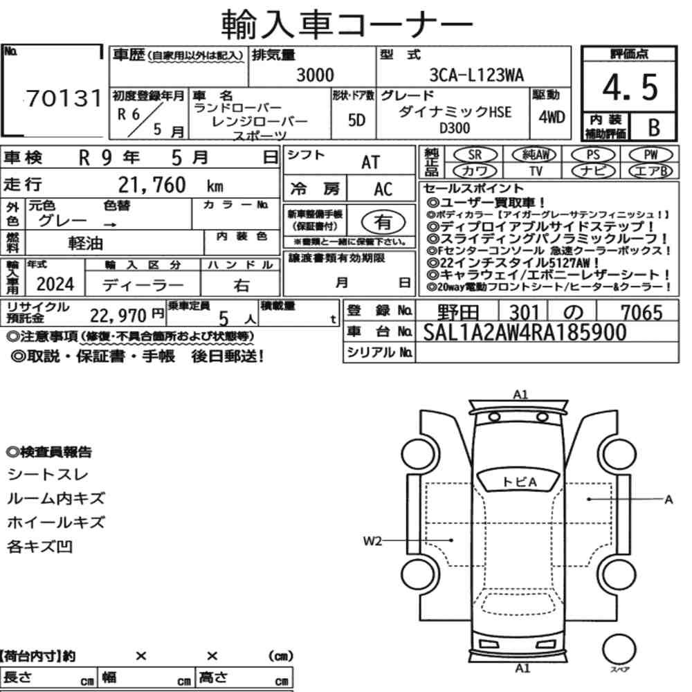Arkusz aukcyjny — 2024 Land Rover Range Rover Sport 4WD