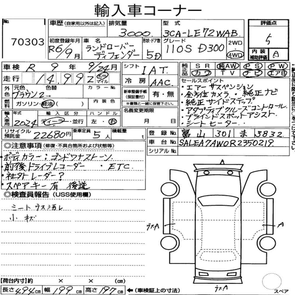 Arkusz aukcyjny — 2024 Land Rover Defender 5D 4WD 110 S D300
