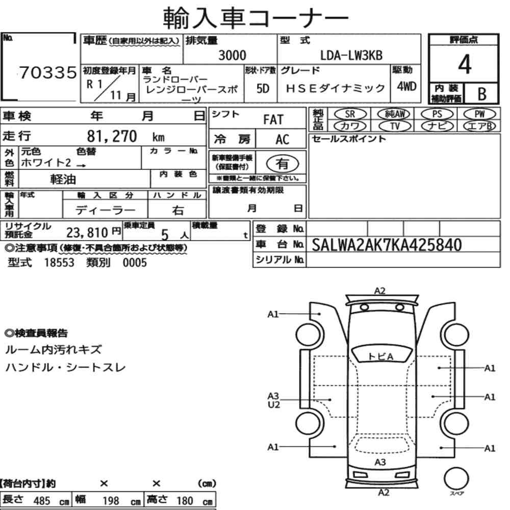 Auction sheet — 2019 Land Rover Range Rover Sport 4WD Hse Dynamic