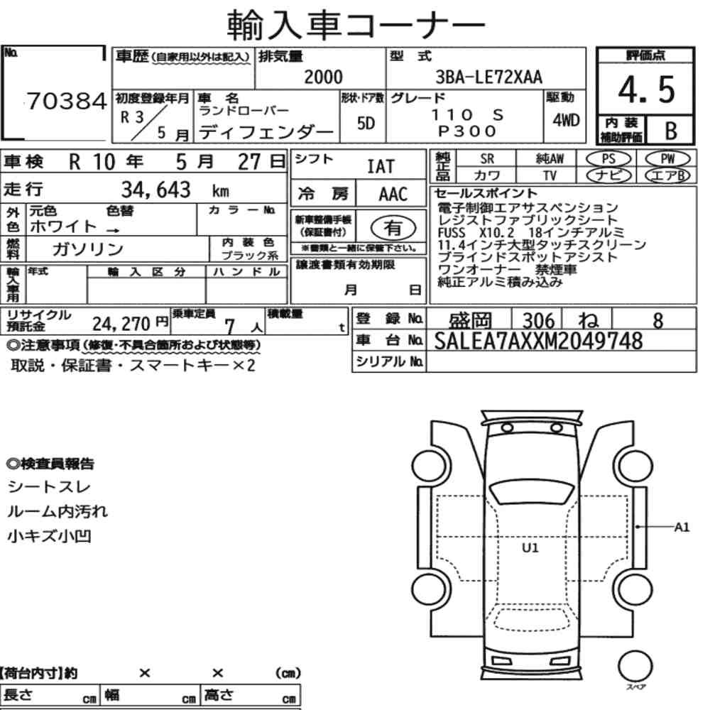 Arkusz aukcyjny — 2021 Land Rover Defender 5D 4WD 110 S P300