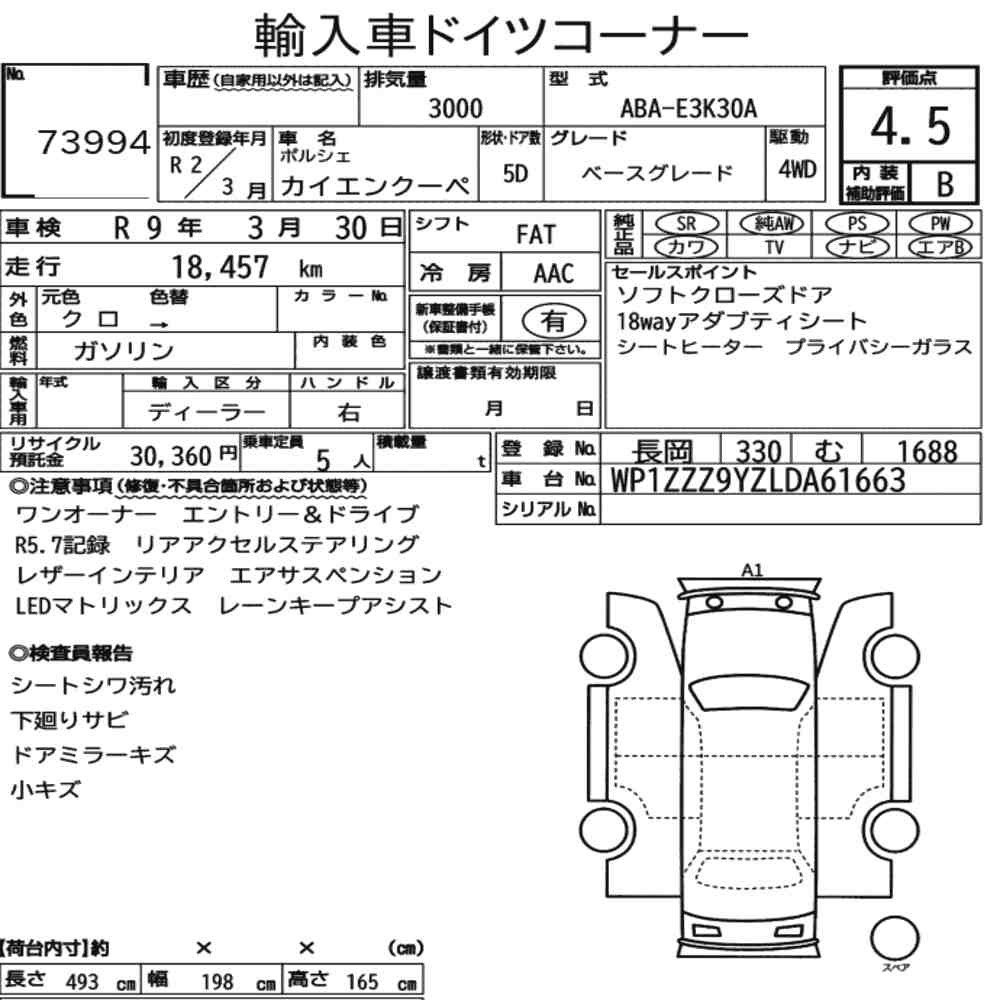 Arkusz aukcyjny — 2020 Porsche Cayenne Coupe 4WD Base Grade