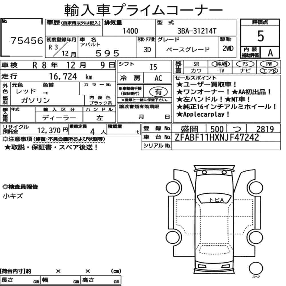 Arkusz aukcyjny — 2021 Abarth 595 Base Grade