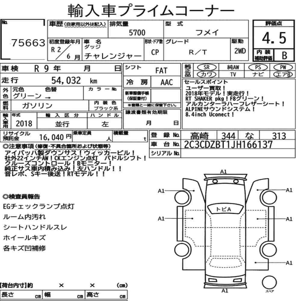Arkusz aukcyjny — 2020 Dodge Challenger CP R/T