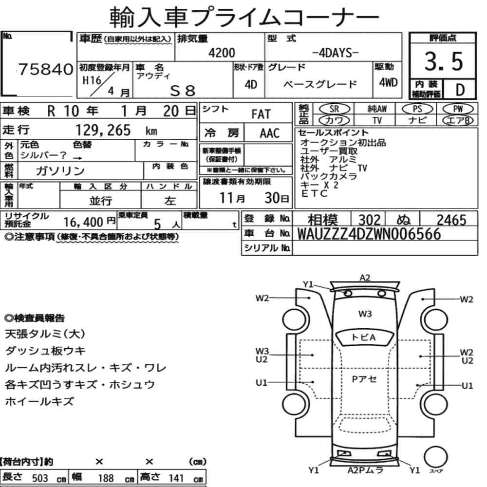 Arkusz aukcyjny — 2004 Audi S8 4WD Base Grade