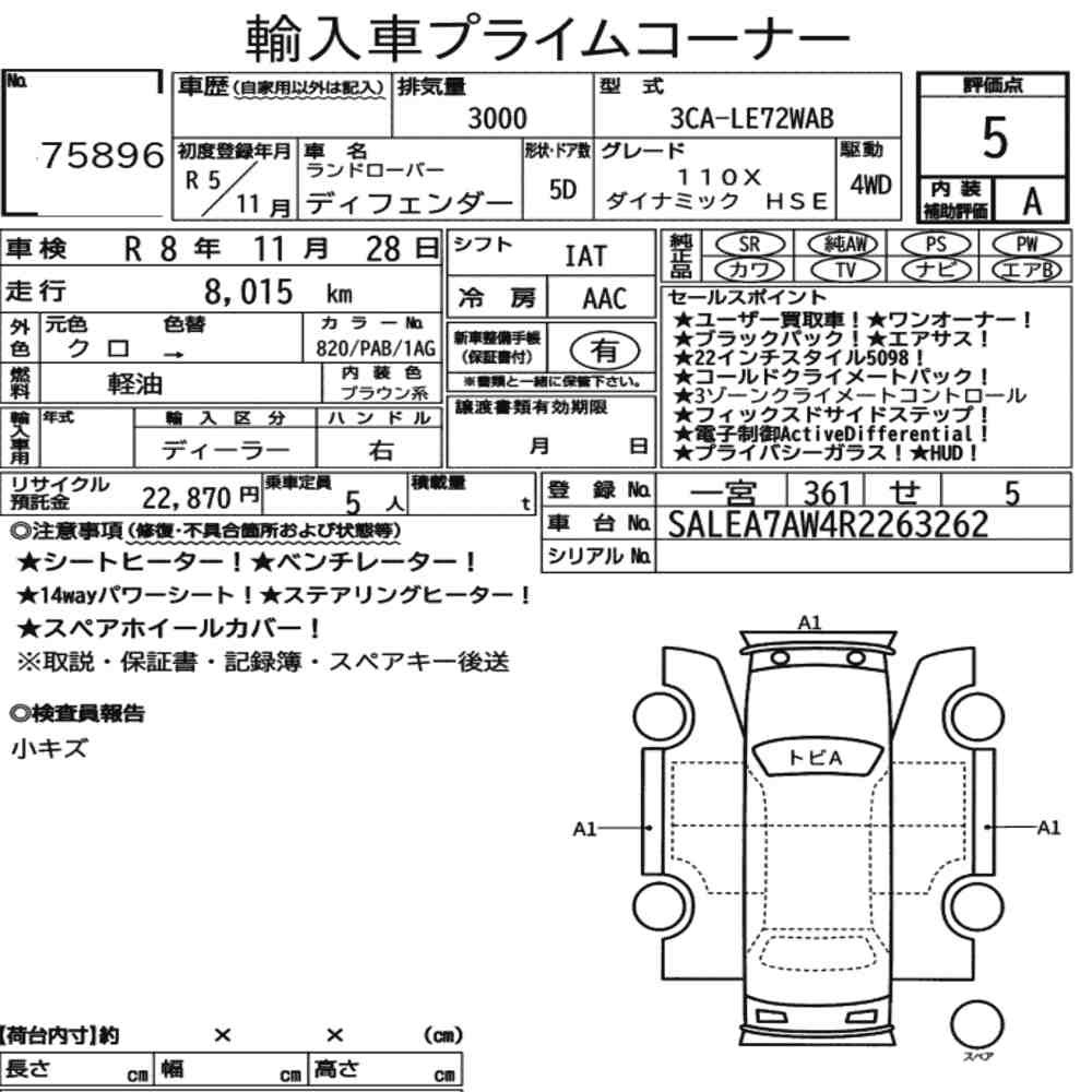 Arkusz aukcyjny — 2023 Land Rover Defender 5D 4WD 110 X-Dynamic Hse
