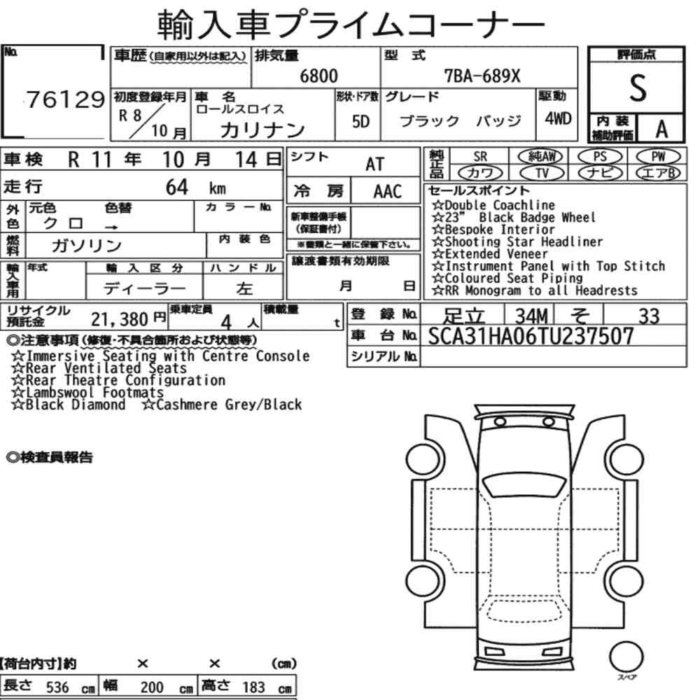 Arkusz aukcyjny — 2026 Rolls-Royce Cullinan 4WD Black Badge
