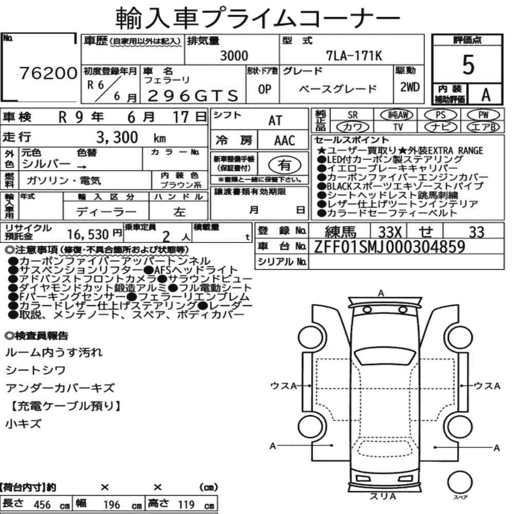 Arkusz aukcyjny — 2024 Ferrari 296GTS Base Grade