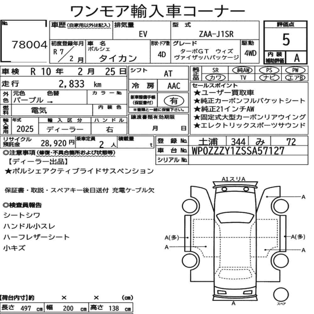 Arkusz aukcyjny — 2025 Porsche Taycan 4D 4WD Turbo GT With Weissach Package