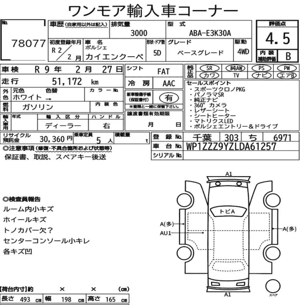Arkusz aukcyjny — 2020 Porsche Cayenne Coupe 4WD Base Grade