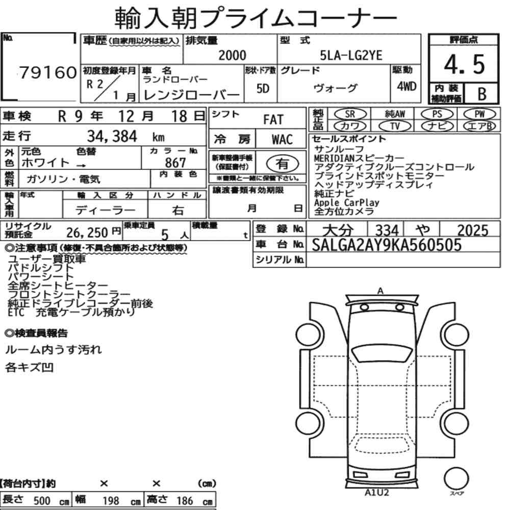 Arkusz aukcyjny — 2020 Land Rover Range Rover 4WD Vouge