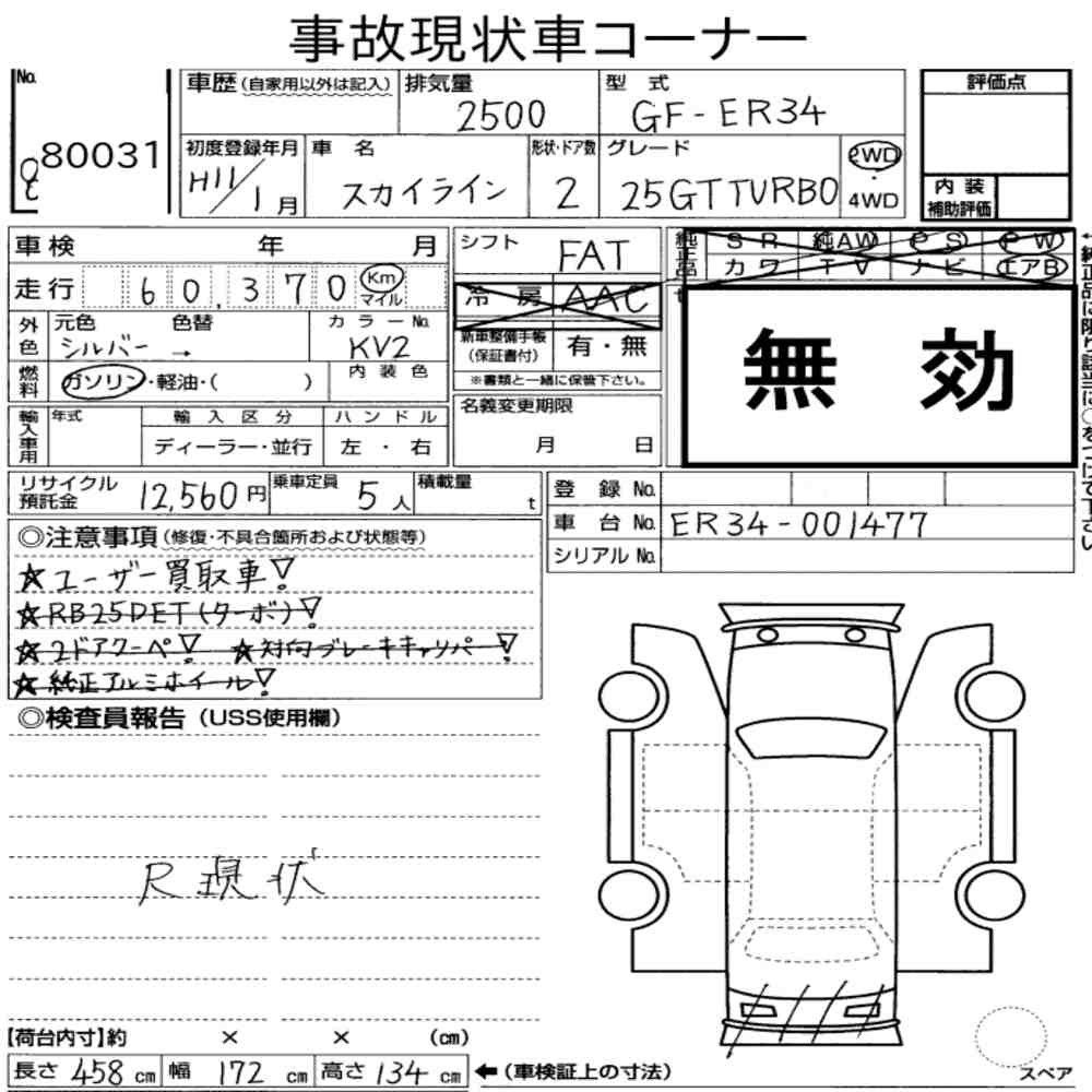 Arkusz aukcyjny — 1999 Nissan Skyline CP 25GT Turbo