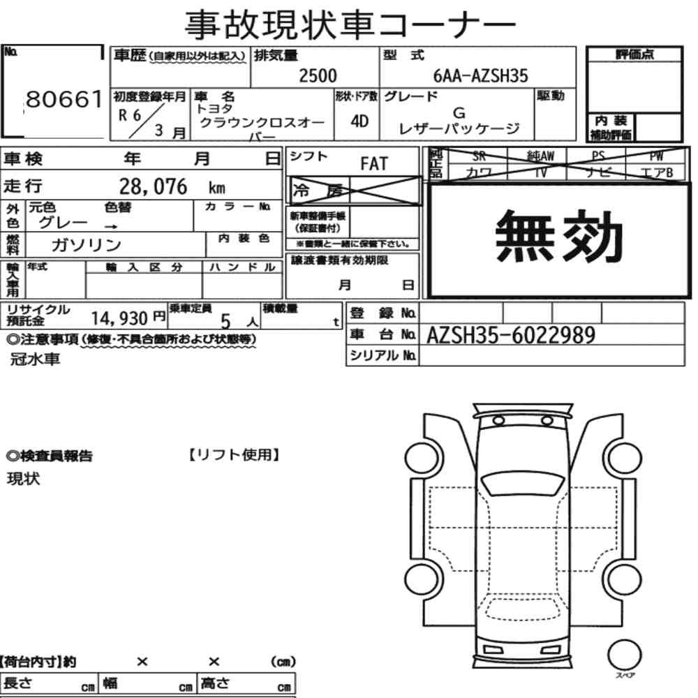 Arkusz aukcyjny — 2024 Toyota Crown Crossover 4WD G Leather Package