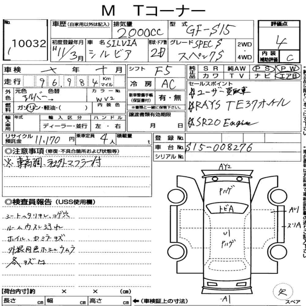 Arkusz aukcyjny — 1999 Nissan Silvia CP Spec.s