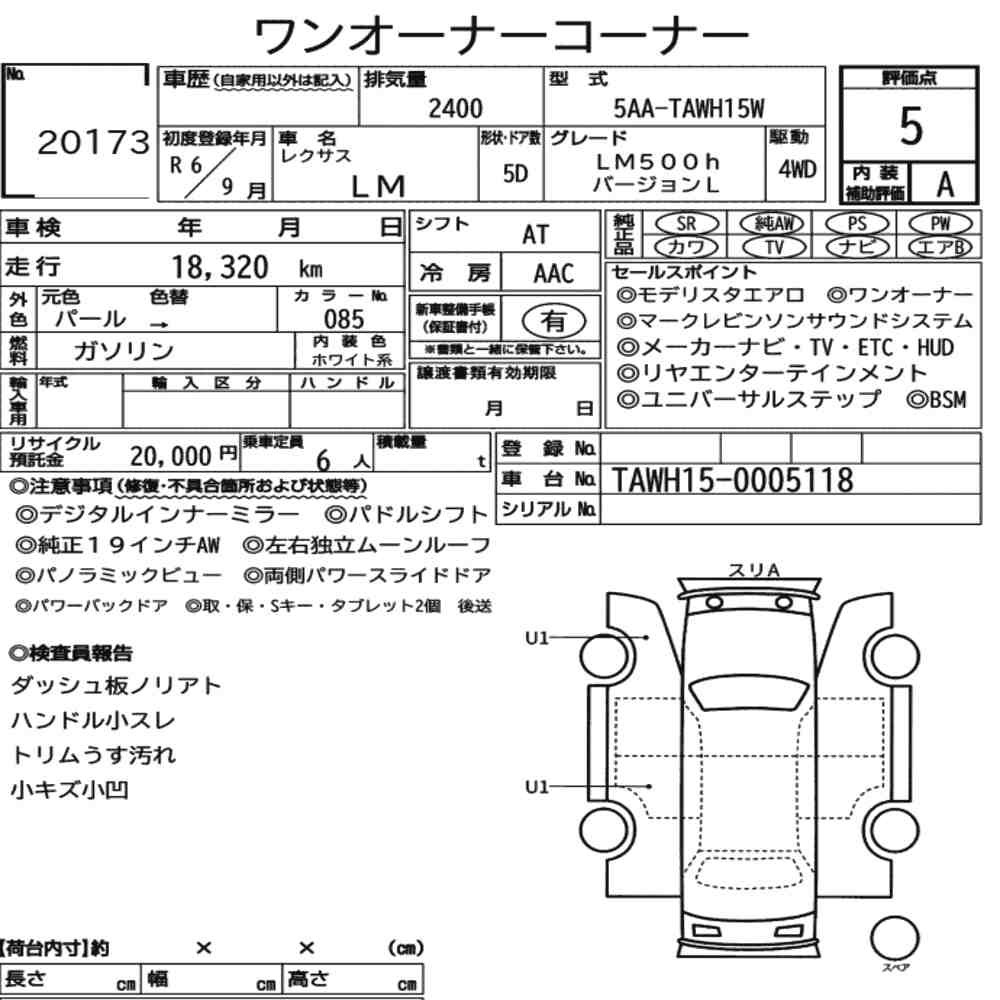 Arkusz aukcyjny — 2024 Lexus LM 4WD LM500H Version L