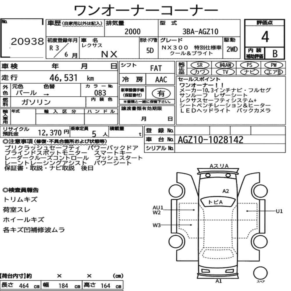 Arkusz aukcyjny — 2021 Lexus NX NX300 Special Edition Cool And Bright