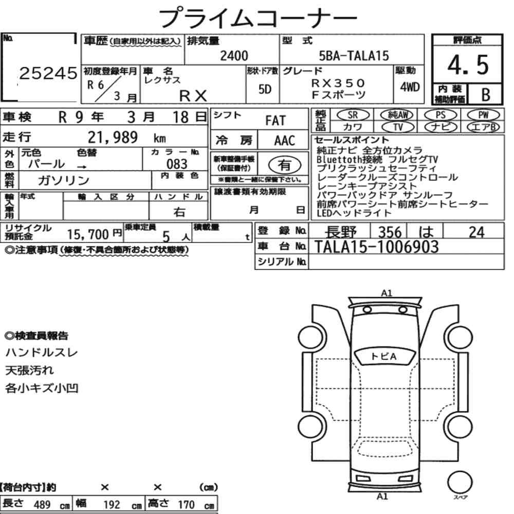 Arkusz aukcyjny — 2024 Lexus RX 4WD F Sport