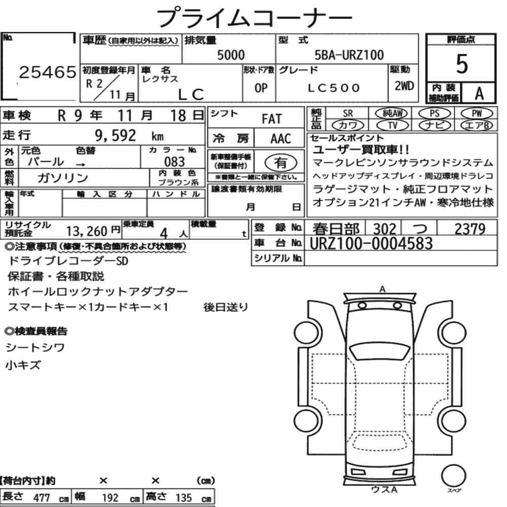 Arkusz aukcyjny — 2020 Lexus LC Op LC500