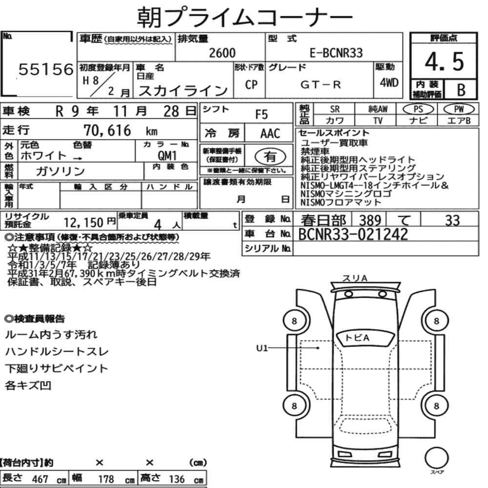 Arkusz aukcyjny — 1996 Nissan Skyline CP 4WD GT-R