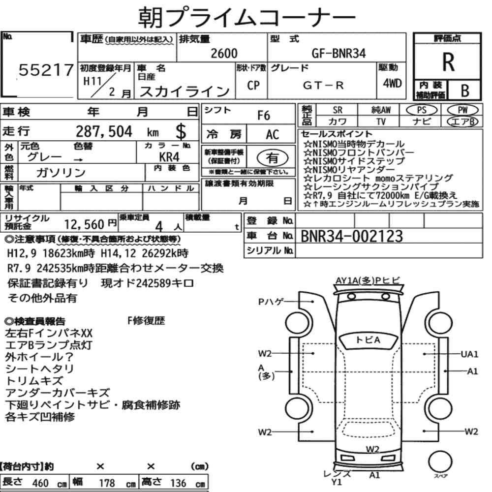 Arkusz aukcyjny — 1999 Nissan Skyline CP 4WD GT-R