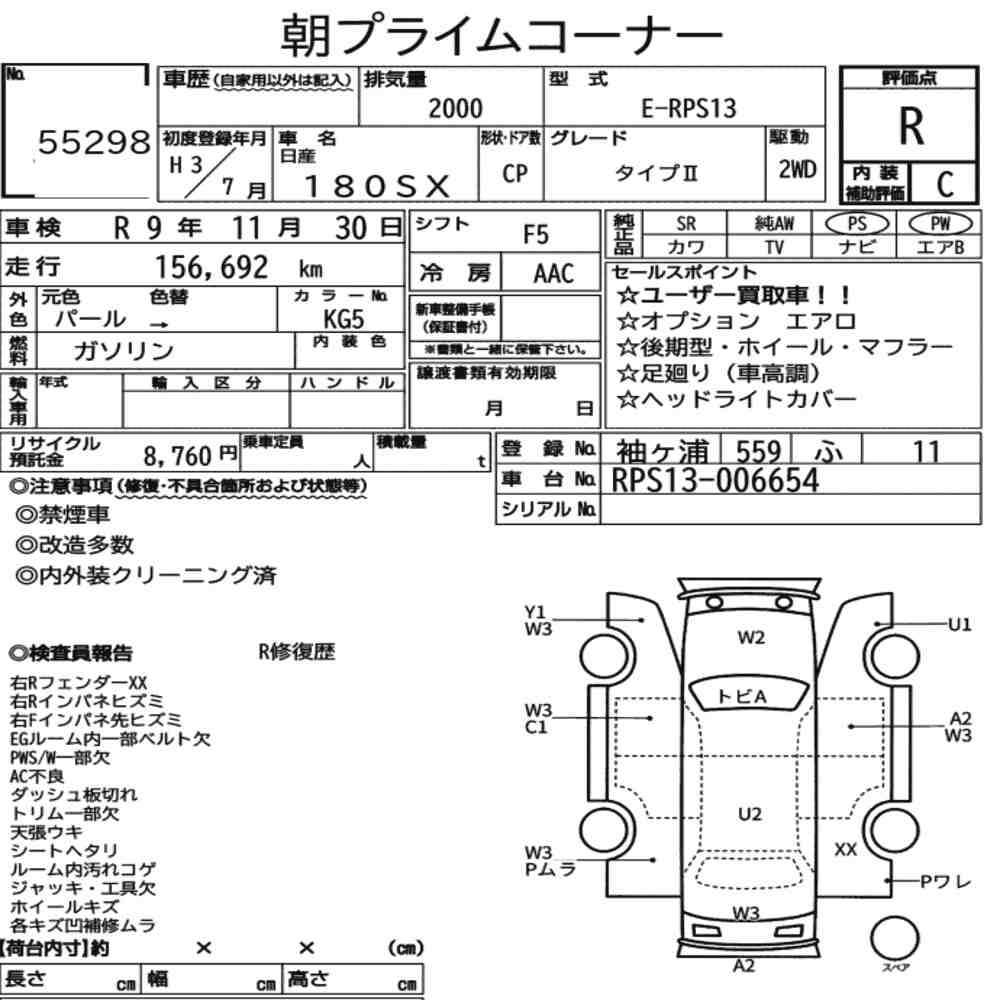 Arkusz aukcyjny — 1991 Nissan 180SX Type Ⅱ