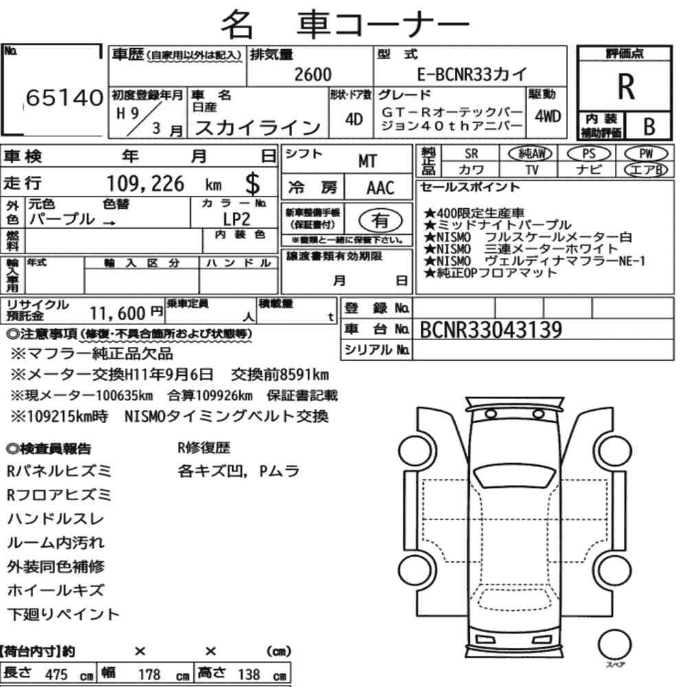 Arkusz aukcyjny — 1997 Nissan Skyline 4D 4WD GT-R Autech Version 40TH Anniversary