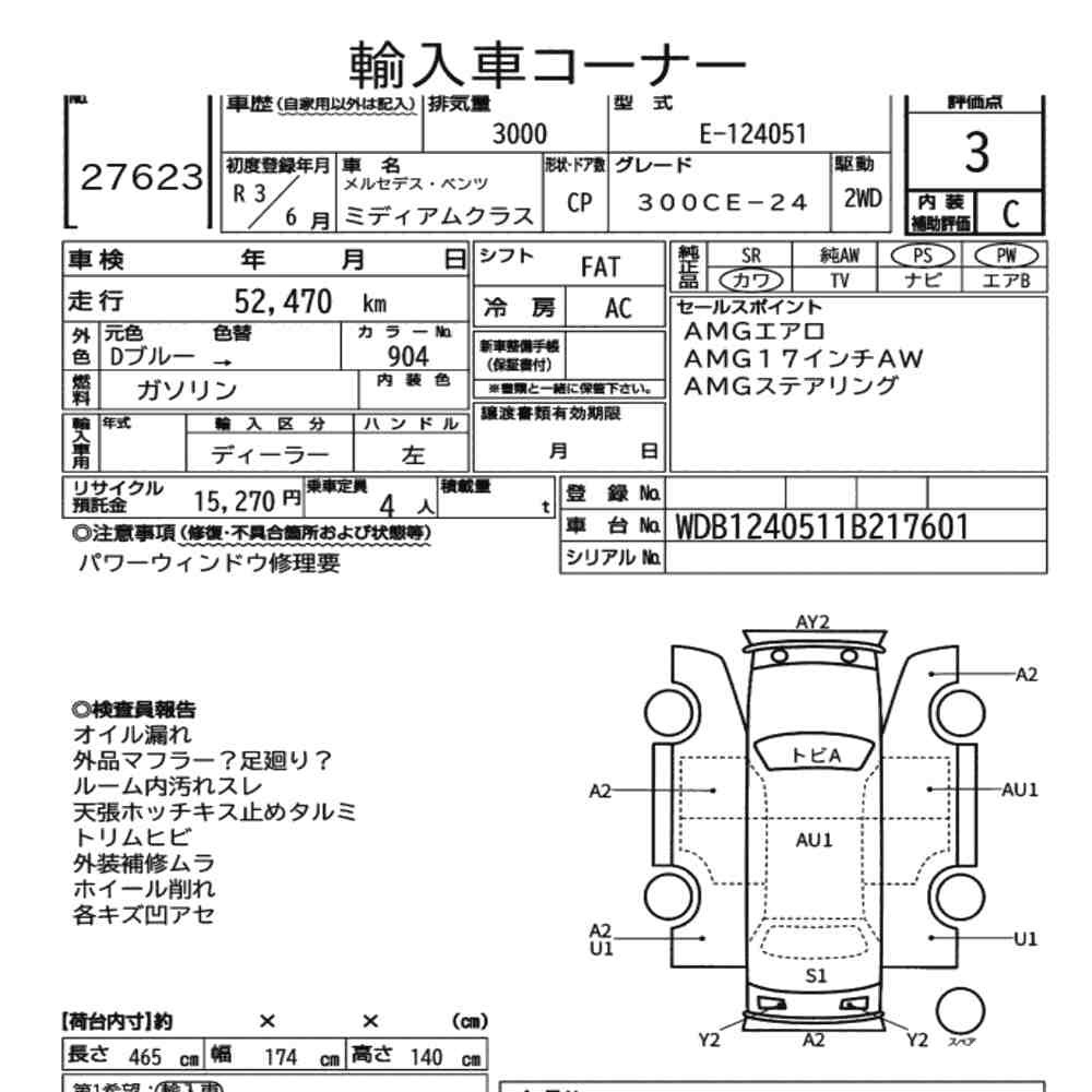 Arkusz aukcyjny — 2021 Mercedes Benz Medium Class CP 300CE-24