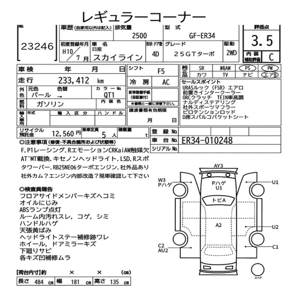 Arkusz aukcyjny — 1998 Nissan Skyline 4D 25GT Turbo