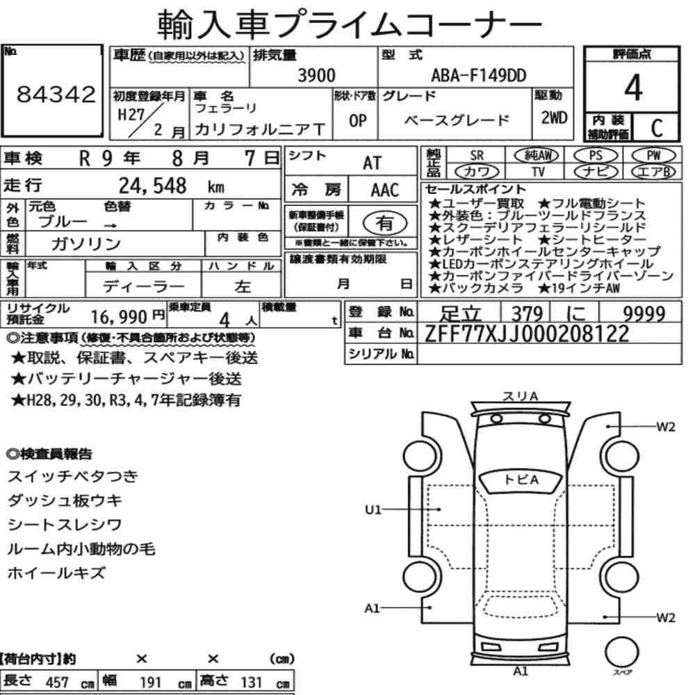 Arkusz aukcyjny — 2015 Ferrari California T Base Grade