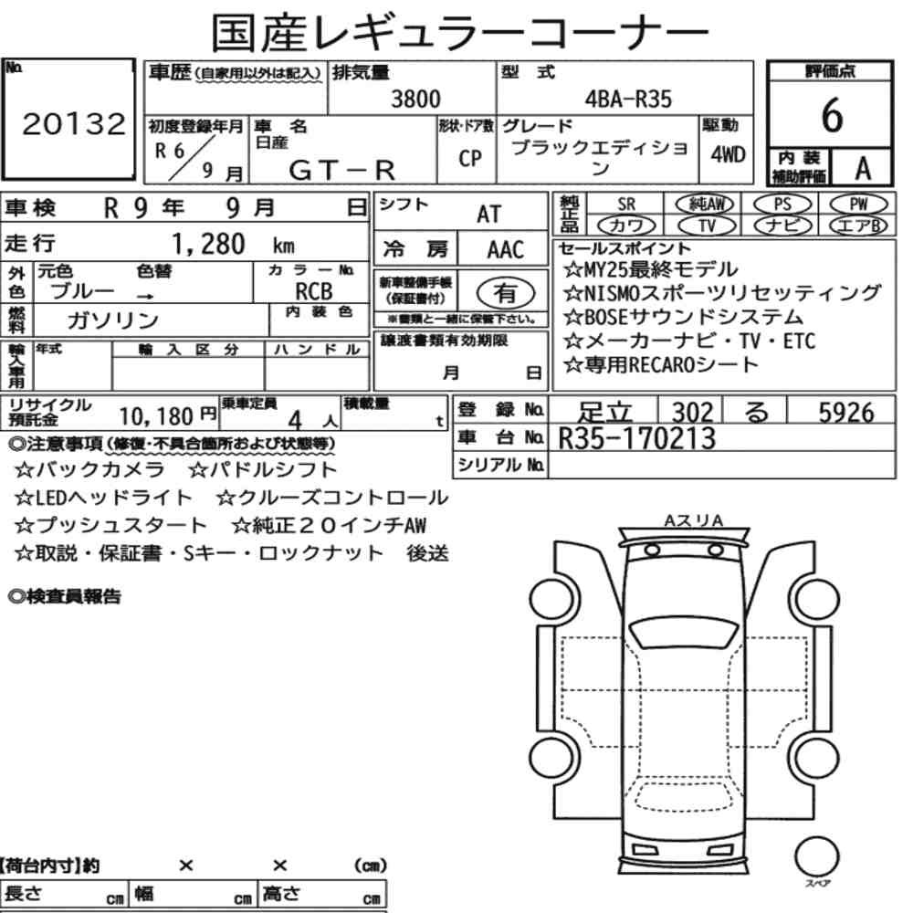 Arkusz aukcyjny — 2024 Nissan GT-R 4WD Black Edition