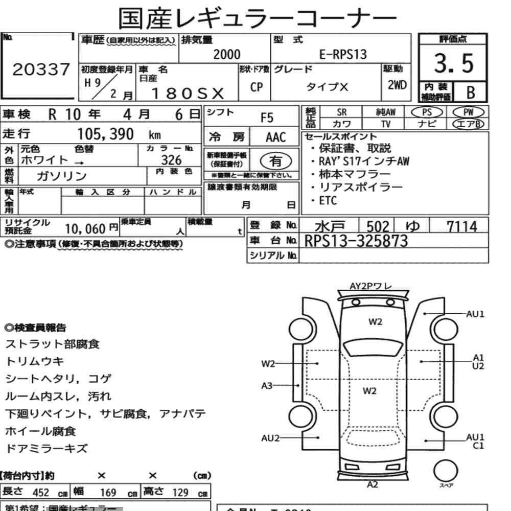 Arkusz aukcyjny — 1997 Nissan 180SX Type X