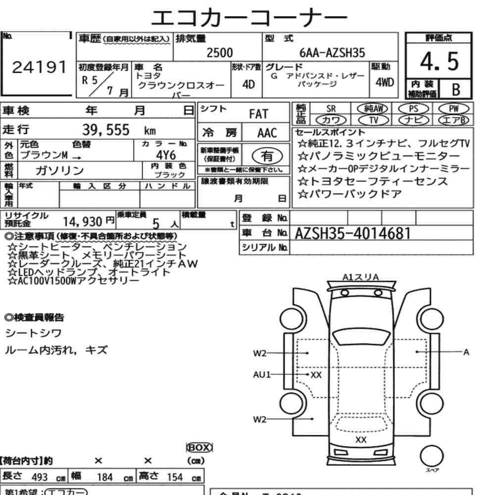 Arkusz aukcyjny — 2023 Toyota Crown Crossover 4WD G Advanced・leather Package