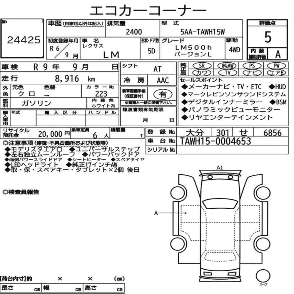 Arkusz aukcyjny — 2024 Lexus LM 4WD LM500H Version L