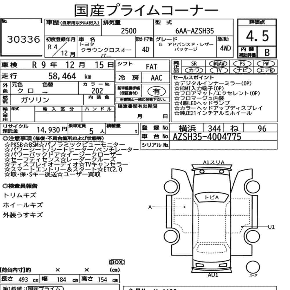 Arkusz aukcyjny — 2022 Toyota Crown Crossover 4WD G Advanced・leather Package